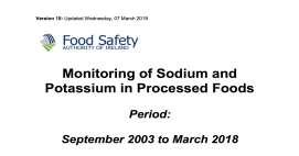 Salt reduction programme (2004-2018) Food category Number of samples Period of testing Categories with Na reduced % REDUCTION in sodium levels Soups products 429 05-17 3/4 12-33 Ready