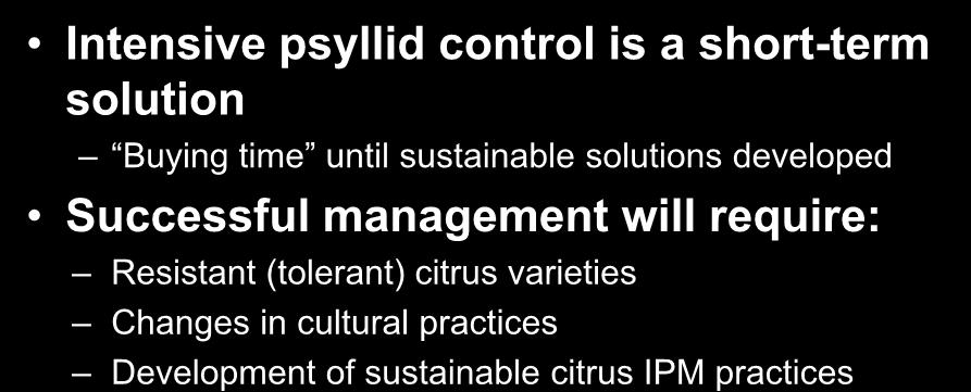 Final Thoughts on HLB Management Intensive psyllid control is a short-term solution Buying time until sustainable solutions developed