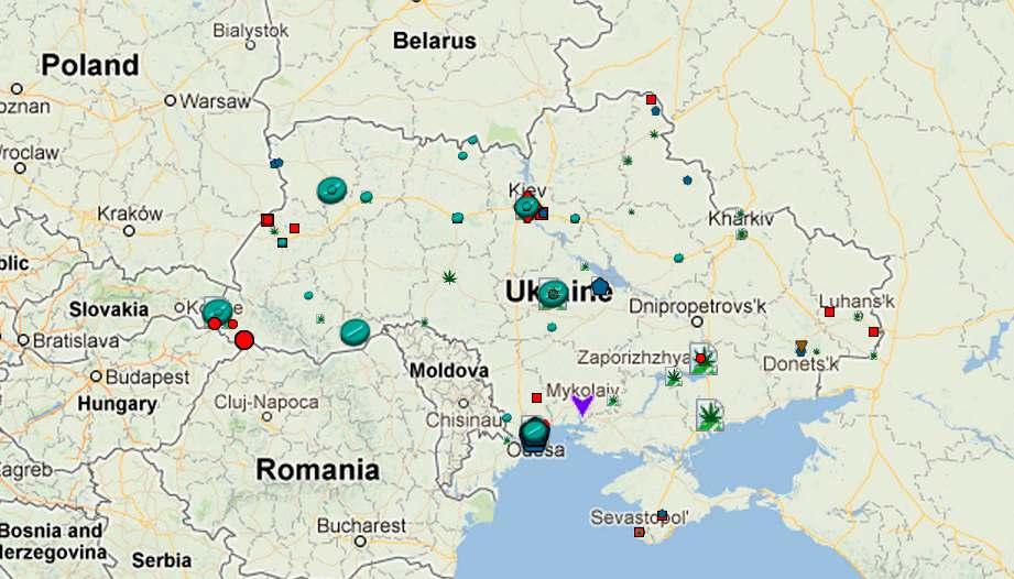 Source: Ministry of Internal Affairs Map 33: Drug seizures in Ukraine (2010 2012) Heroin, Opium, Cannabis, Cocaine, Ecstasy, Precursors, Benzodiazepam Source: joint online platform of AOTP and Paris