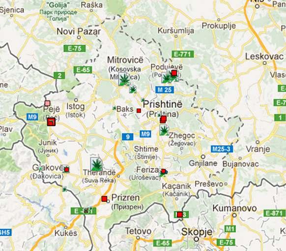 Drug purity 2010 2011 Heroin (%) 1 n/a Cannabis (THC,%) 3 n/a Cocaine n/a n/a Amphetamine n/a n/a Note: EMCDDA; Kosovo Police Map 36: Heroin seizures in Kosovo (2011 2012) Heroin, Cannabis Source:
