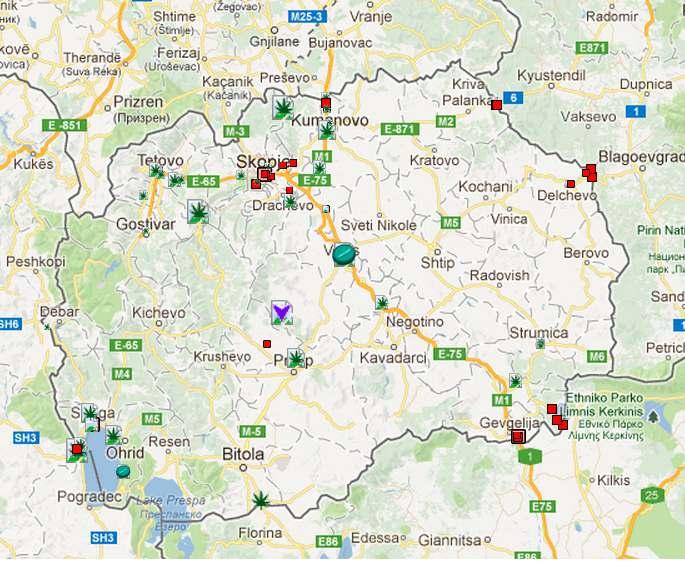 Map 37: Drug seizures in the FYR of Macedonia (2011 2012) Heroin, Cannabis, Cocaine, Ecstasy, Other drugs Source: joint online platform of AOTP and Paris Pact, http://drugsmonitoring.unodc roca.org.