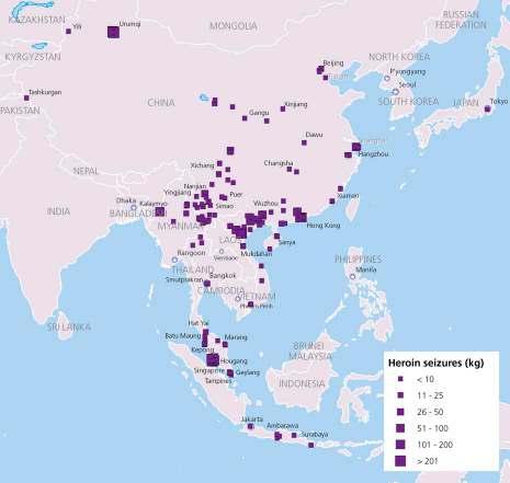 Map 8: Heroin seizures reported in East and South East Asia (2010 2012) Source: Misuse of Licit Trade for Opiate Trafficking in West and Central Asia, 2012, UNODC Note: The boundaries and the names