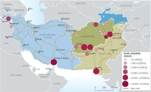 Map 11: and neighbouring countries: main acetic anhydride seizures reported (2008 2011) Source: Global Afghan Opiate Trade Report, 2011, UNODC Cooperation among intelligence centres is insufficient