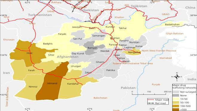 Map 14: Estimated major drug trafficking networks in Afghanistan Source: MCN/UNODC joint research study on opiate flow 2012 Note: The boundaries and names shown and the designations used on this map