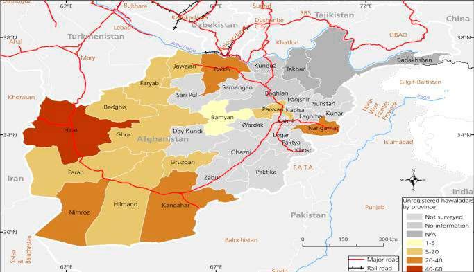 Map 15: Estimated unregistered hawaladars in Afghanistan Source: MCN/UNODC joint research study on opiate flow 2012 Note: The boundaries and names shown and the designations used on this map do not
