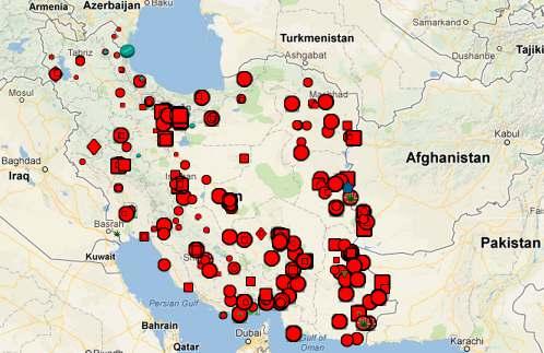 Map 16: Drug seizures in the I.R. of Iran (2010 2012) Heroin, Opium, Cannabis, ATS, Cocaine, Precursors Source: joint online platform of AOTP and Paris Pact, http://drugsmonitoring.unodc roca.org.