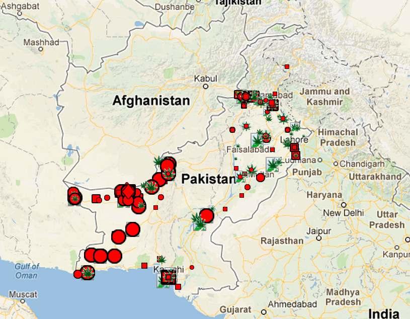Map 17: Drug seizures in Pakistan (2011 2012) Heroin, Opium, Cannabis, Cocaine, Precursors Source: joint online platform of AOTP and Paris Pact, http://drugsmonitoring.unodc roca.org.