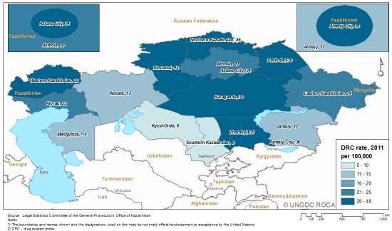 Map 19: Drug related crime rate by province of the Republic of Kazakhstan (2011) Suspects arrested in the country, by nationality 2009 2010 2011 2012 All arrestees 7,260 6,329 2,423 2,048 National