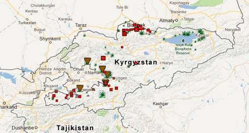 Map 20: Drug and precursors seizures in Kyrgyz Republic (2011 2012) Heroin, Opium, Cannabis, Precursors Source: joint online platform of AOTP and Paris Pact, http://drugsmonitoring.unodc roca.org.