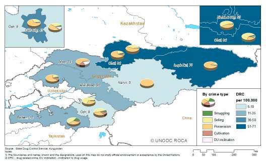Map 21: Drug related crime rate by province in Kyrgyz Republic (2011) Suspects arrested in the country, by nationality CIS citizens arrested 2009 2010 2011 2009 2010 2011 All arrestees 1,279 1,139
