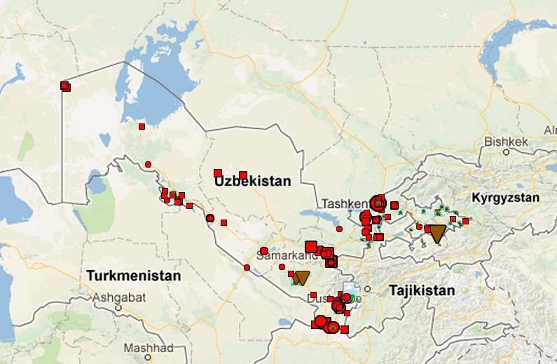 Map 26: Drug and precursor seizures in the Republic of Uzbekistan, 2011 2012 Heroin, Opium, Cannabis, Precursors Source: joint online platform of AOTP and Paris Pact, http://drugsmonitoring.