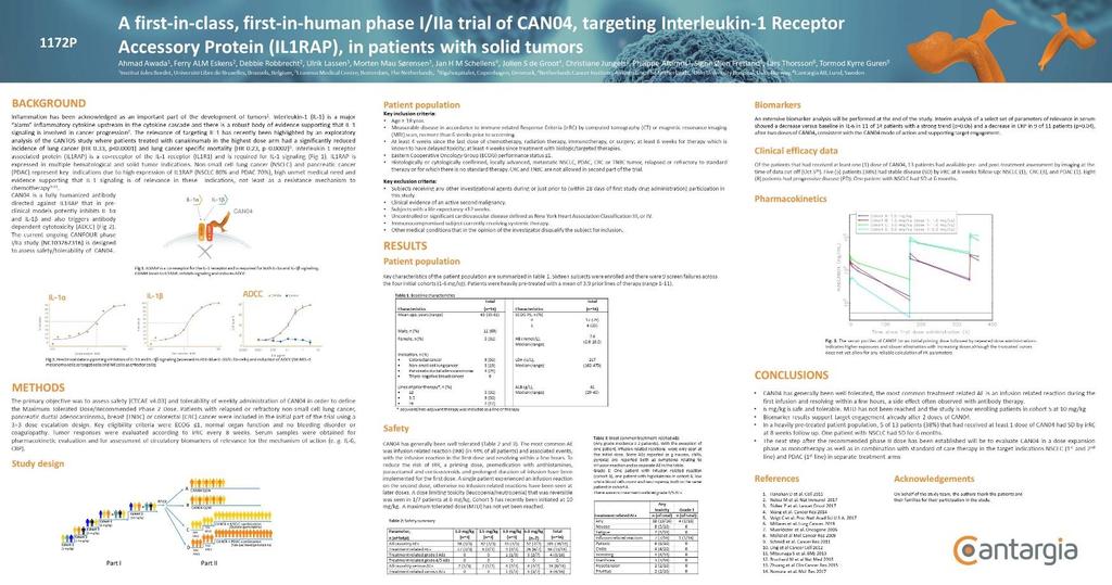 CAN04 phase I clinical data at ESMO CAN04 has generally been well tolerated 6 mg/kg is safe Biomarker results (IL-6 and CRP)