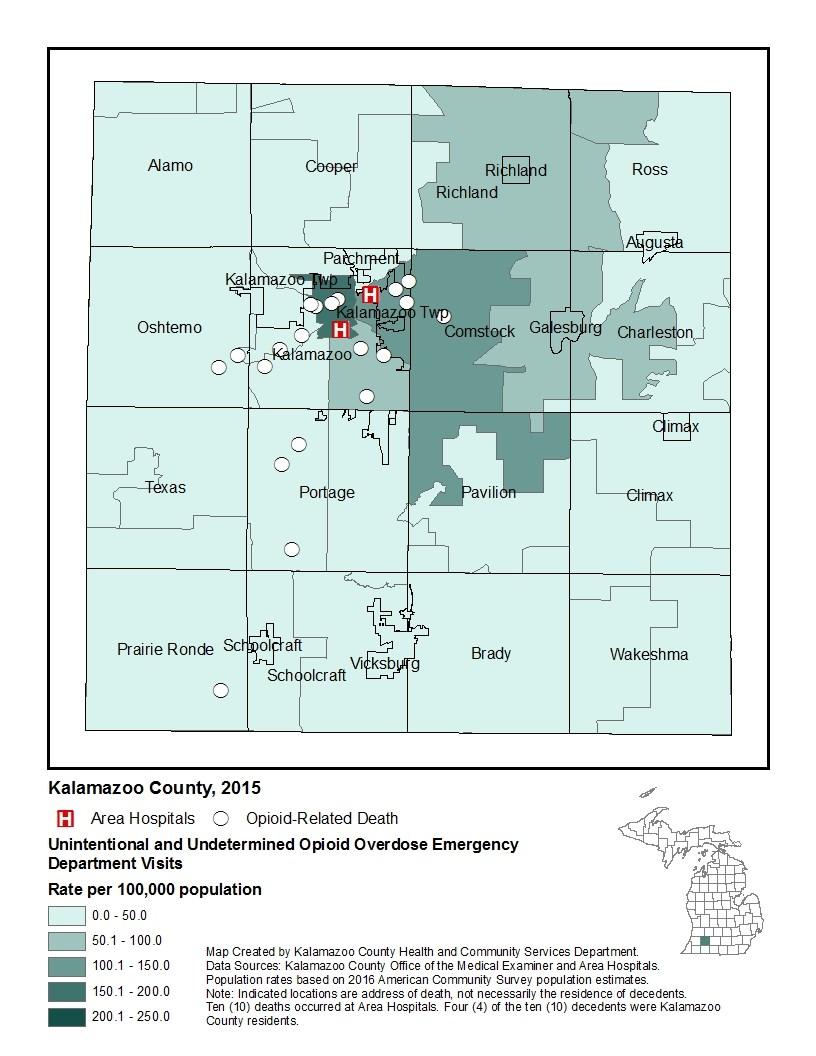 Opioid-Related Deaths and Overdoses in 2015 The top three zip codes with the highest rates of unintentional and undetermined opioid overdose visits to an emergency department in Kalamazoo County were