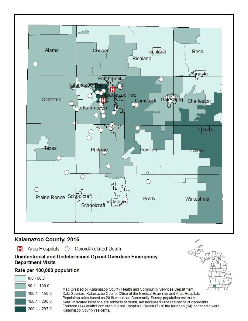 Opioid-Related Deaths and Overdoses in 2016 The top three zip codes with the highest rates of unintentional and undetermined opioid overdose visits to an emergency department in Kalamazoo County were