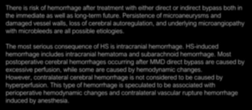 D. Hemorrhagic Stroke(HS) There is risk of hemorrhage after treatment with either direct or indirect bypass both in the immediate as well as long-term future.