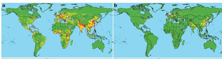 Global distribution of relative risk of an EID event caused by zoonotic pathogens Maps are derived for EID events caused by: a) zoonotic pathogens from wildlife and b) zoonotic