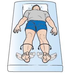 Heel slides Internal and external leg rotations 1. Lie on your back with your head and shoulders supported on pillows. 2.
