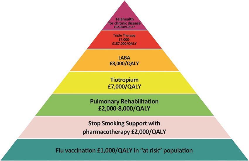Assessing the values of treatment interventions in COPD Adapted from - Value pyramid for COPD (The London Respiratory Team 2013) The health benefits are expressed as quality-adjusted life years