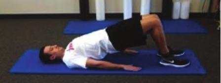 BRIDGE Tighten glutes and lift bottom off of floor. Then lower bottom, slowly back to the floor.