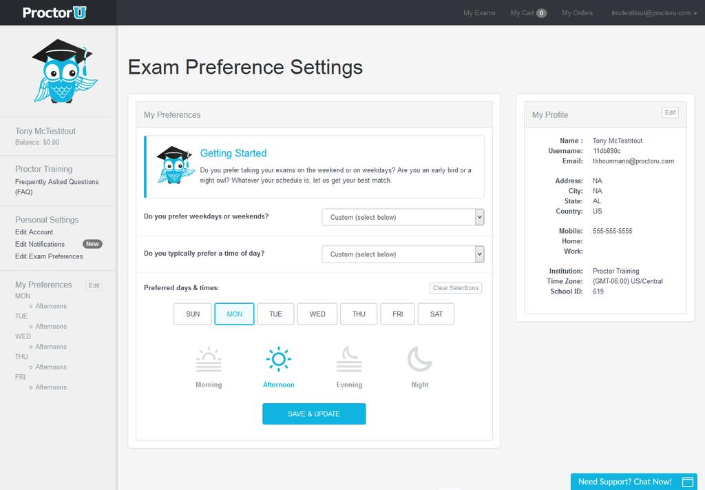 Setting Exam Preferences The initial account creation also asks the user to set exam preferences.