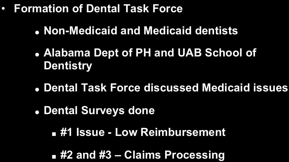 Listened Formation of Dental Task Force Non-Medicaid and Medicaid dentists Alabama Dept of PH and UAB