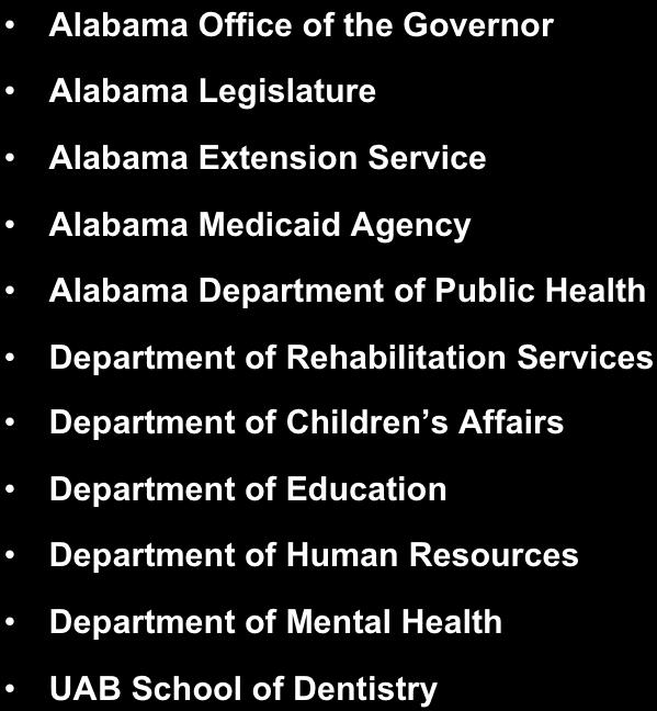 Oral Health Coalition of Alabama (OHCA) Alabama Office of the Governor Alabama Legislature Alabama Extension Service Alabama Medicaid Agency Alabama Department of Public