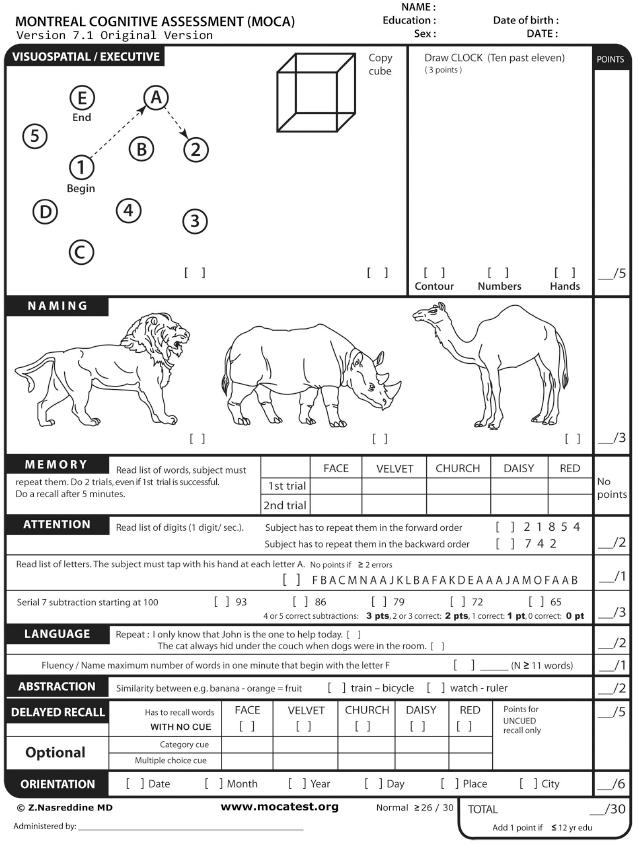 Montreal Cognitive Assessment Screening test for MCI ( < 10 min) Max 30, impairment < 26 (or 24) [10-12 min] Multiple domains Greater sensitivity to detect MCI