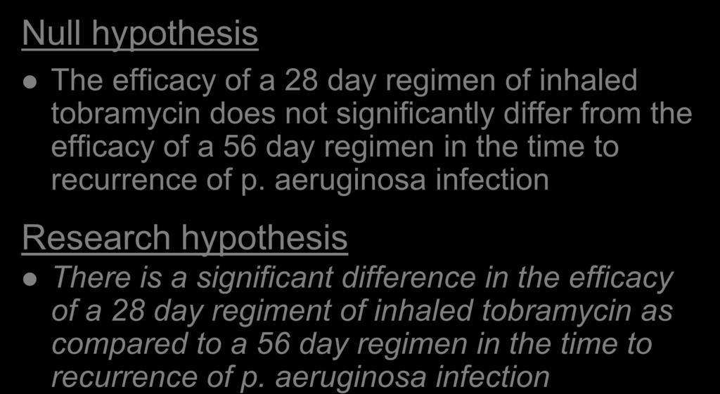 Null hypothesis Methods The efficacy of a 28 day regimen of inhaled tobramycin does not significantly differ from the efficacy of a 56 day regimen in the time to recurrence of p.