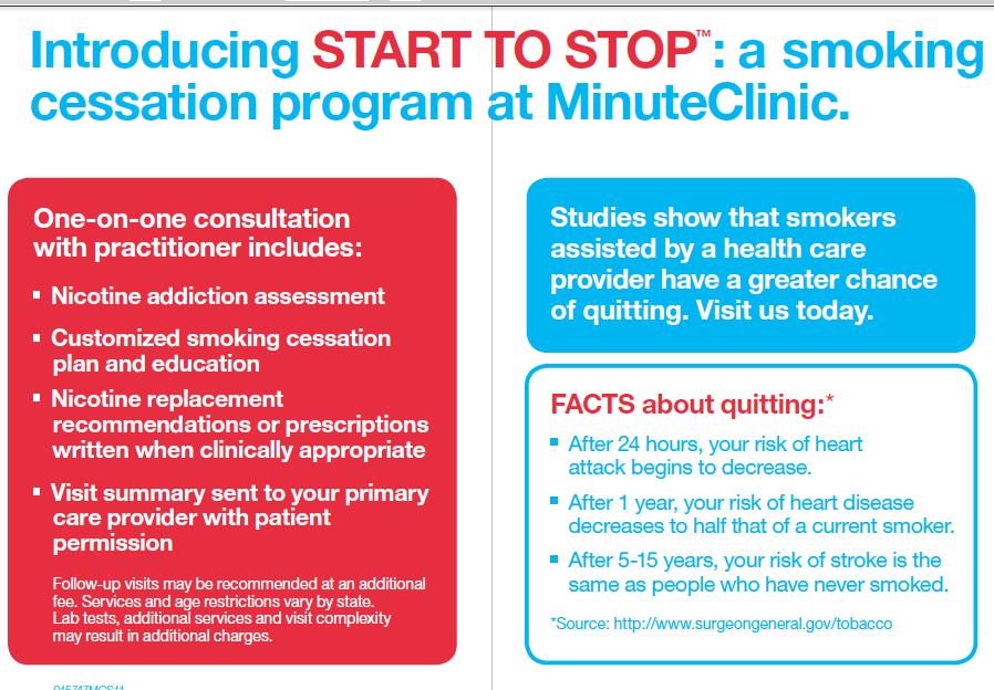 Smoking Cessation Program at MinuteClinic Readiness Assessment: Complete assessment and customized plan together with patient Medication Support: If appropriate prescribe Chantix,