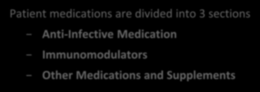 Medications & Supplements Medications and Supplements Patient medications are divided into 3