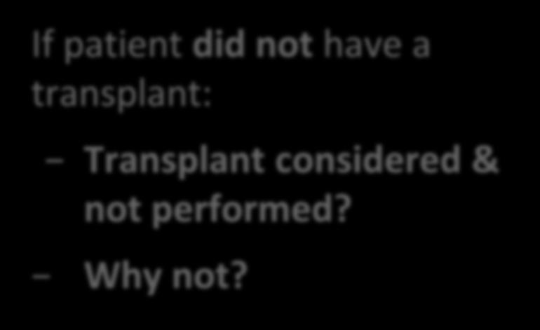 Transplantation not Performed Transplantation Considered, not Performed If patient did