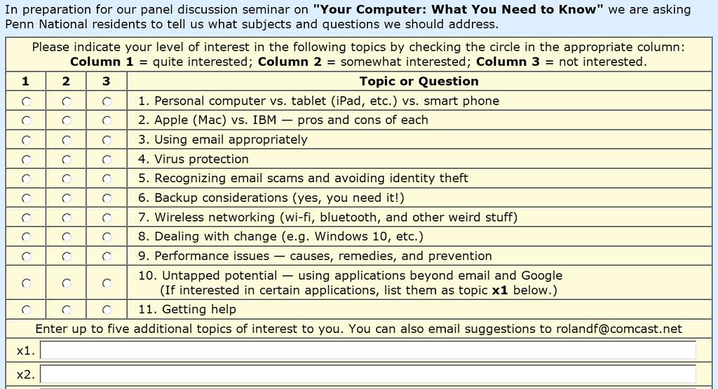 Page 3 Computer Online Survey When you go to the web site, the survey has room for five additional topics of interest