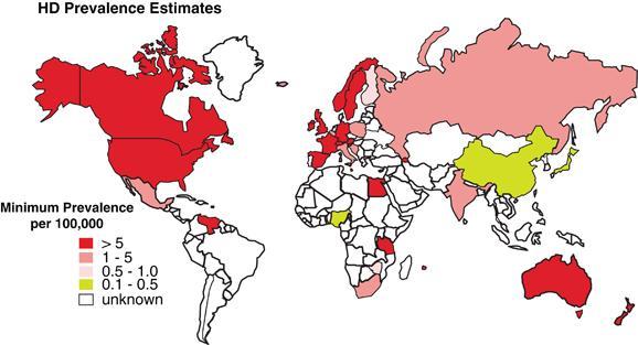 Worldwide estimates of the prevalence of HD. Overall, the prevalence of HD is much higher in European populations than in East Asia.