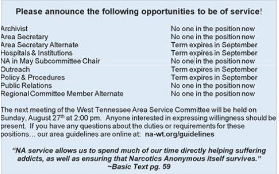 West Tennessee Area Service Committee Minutes July 23, 2017 WHAT DO WE NEED TO KNOW FOR OUR BUSINESS MEETING? Motion to nominate Amanda H.