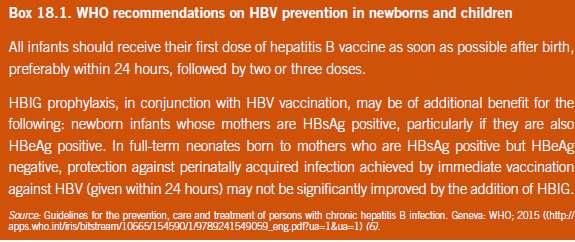 Hepatitis B infection. Universal HBV testing in pregnant women already occurs in many parts of the world, but remains suboptimal in resourcelimited setting. Box 18.
