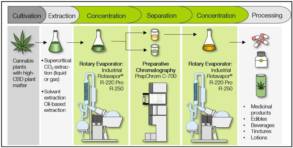 The industrial scale rotary evaporators R-220 Pro and R-250 are the ideal solutions for efficient concentration of cannabinoid extracts after initial extraction as well as subsequent cannabinoid