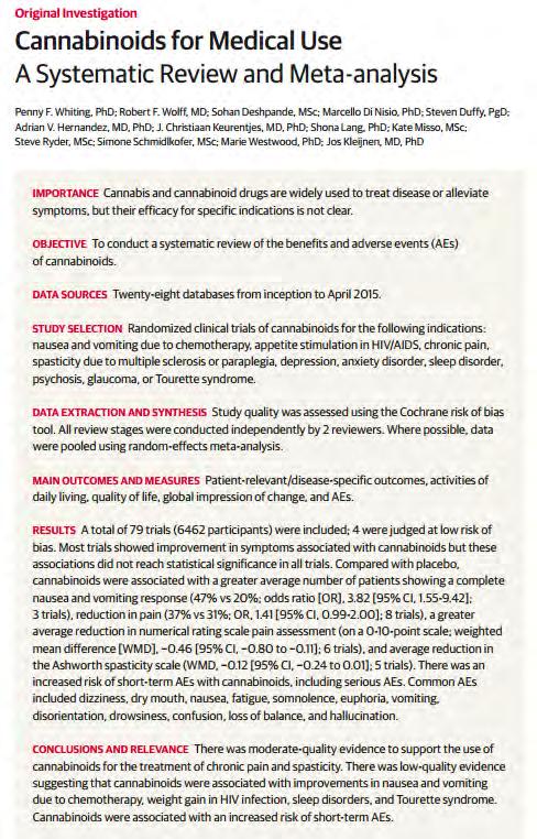 Whiting et al; JAMA 2015 currently available cannabinoids are safe, modestly effective