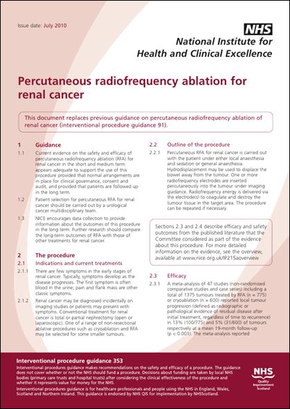 Percutaneous radiofrequency ablation of renal cancer. NICE interventional procedures guidance 353 (2010).