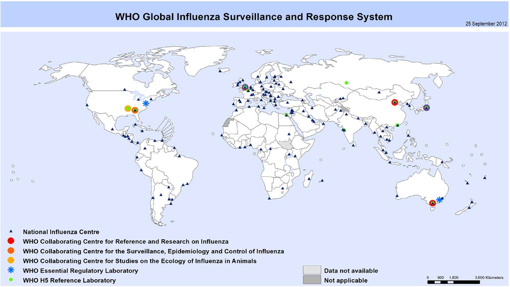 (GISRS) 136 National Influenza Centres in 106 countries 4 WHO Collaborating Centres (CC) for Influenza (human) 1 WHO CC for the Surveillance, Epidemiology and