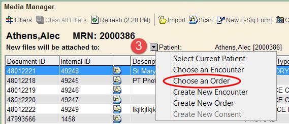 Scanning Results to an order using Media Manager You can complete scanning workflows from within Epic using Media Manager. Use Media Manager to view and acquire scans at the order level.