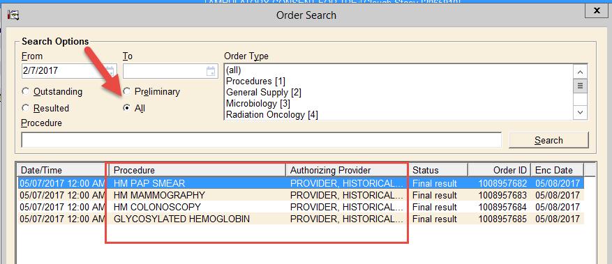 4. The Order Selection window appears. Find and select the order you want to scan to. You can adjust the date range as necessary. It is best to choose the Search option of all.
