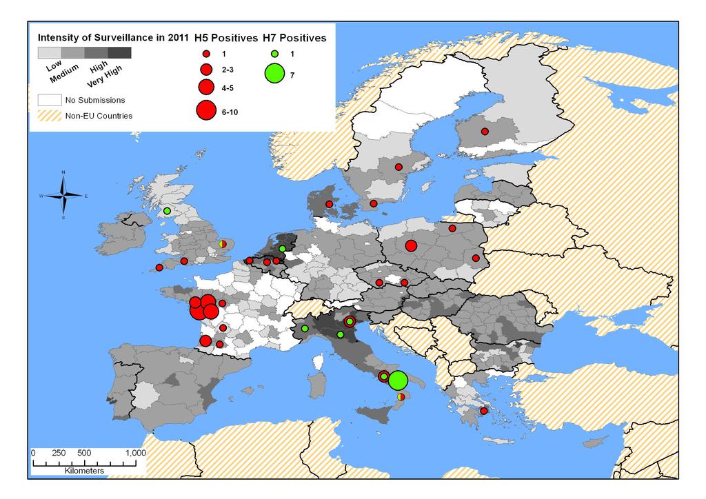 Figure 4 A map of the intensity of sampling in the EU AI poultry survey and holdings testing serologically positive for H5 and H7 in 2011 The
