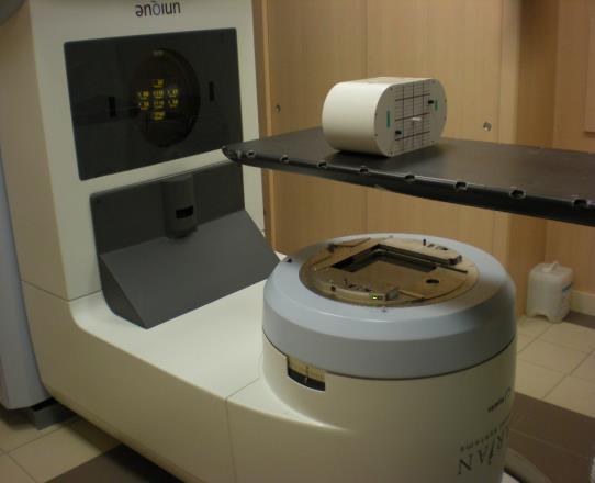 Up to five dosimeters are irradiated separately, in the plastic phantom that contains inhomogeneities mimicking bone tissue, lung tissue and air.