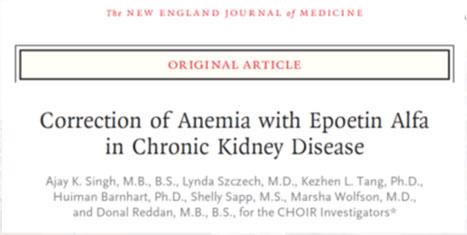 Volume 339, Number 9, 1998 For patients with the anemia of chronic kidney disease NOT on dialysis Consider starting ESA treatment only when the hemoglobin level is less than 10 g/dl and when certain