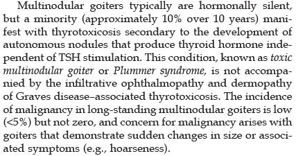 Goiter Regarding the previously mentioned goitrous diseases (other than Graves): Early in goiter development, TSH-induced hypertrophy and hyperplasia of thyroid follicular cells usually result in