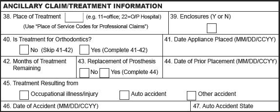 Page 13 of 17 Ancillary Claim/Treatment Information This section of the claim form provides additional information to the third party payer regarding the claim. 38.