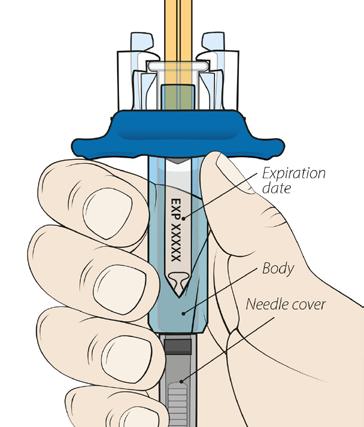 Step 2: Examine the Prefilled Syringe Hold the prefilled syringe by the body with the needle cover pointing down as shown.