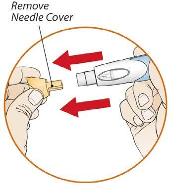 Do not touch the injection site again before giving the injection. Do not fan or blow on the clean area. Pull orange needle cover STRAIGHT off.