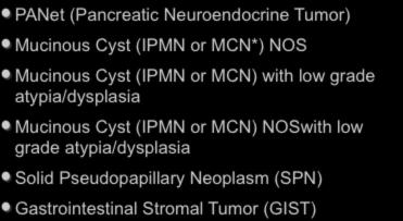 Neoplastic - Other PANet (Pancreatic Neuroendocrine Tumor) Mucinous Cyst (IPMN or MCN*) NOS Mucinous Cyst (IPMN or MCN) with low grade atypia/dysplasia