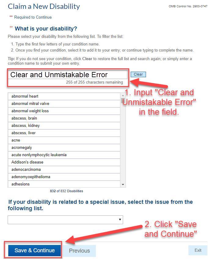 Step 21. Claim/Edit a New Disability a. Input Clear and Unmistakable Error In the empty field.